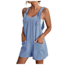 Calças largas, shorts femininos de verão confortáveis e casuais com suspensórios, cor sólida, com bolsos.