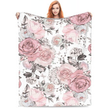 Blomsterrosetæppe – lyserødt og gråt akvareldesign, blødt, let og hyggeligt tæppe (100x130 cm), kompatibelt med soveværelse og sofa