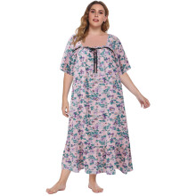 Women's Plus Size Floral Long Nightgown, Short Sleeve, Square Neck, Bow Detail, Soft Oversized Nightshirt – XL-5XL, Compatible with All-Day Comfort