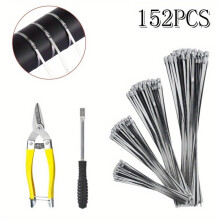 152-Pc Heavy-Duty 304 Stainless Steel Zip Ties Kit with Cutter | Multi-Size for Outdoor, Industrial, Fence, Pipe & Auto Repair | Compatible with