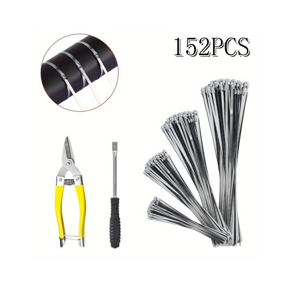 152-Pc Heavy-Duty 304 Stainless Steel Zip Ties Kit With Cutter | Multi-Size For Outdoor, Industrial, Fence, Pipe & Auto Repair | Compatible With 9555307429821