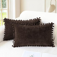 Housses de coussin décoratives 50 x 30 cm (2 pièces), housses de coussin en chenille unie avec pompons, décoration confortable pour canapé, sofa,