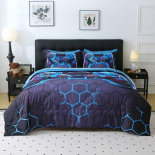 Ensemble de couette 7 pièces pour garçon, motif géométrique 3D bleu, taille Queen – Convient aux chambres d'enfants