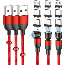3 db-os mágneses töltőkábel (1,6 láb/3,3 láb/6,6 láb), 360 és 180-ban forgatható, nejlon fonott, Micro USB és C típusú