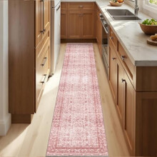 Vintage Pink 2x10 Runner Rug, Washable Non-Slip Low-Pile Faux Wool, Soft Distressed Indoor Mat for Kitchen, Hallway, Entryway