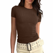 YOUSNH T-shirts voor dames, modieuze tops voor dames, getailleerd T-shirt met korte mouwen, basic model, slim fit, bruin S