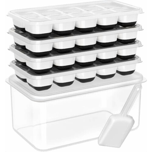 4-Pack Silicone Ice Cube Trays with Lids & Storage Bin – Stackable, Freezer-Safe, Compatible with RV, Cocktail, Coffee