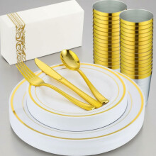 Service de table jetable blanc à bordure dorée 175 pièces pour 25 invités – Assiettes, gobelets, couverts, serviettes – Idéal pour les