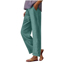 Calça feminina casual de cintura elástica e pernas largas, em mistura de algodão, poliéster e elastano, com bolsos laterais, tamanhos P a 2GG,