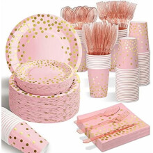 Set di 175 pezzi di articoli per feste rosa e oro per 25 ospiti: piatti, bicchieri, tovaglioli, forchette, coltelli, cucchiai – Adatto per baby