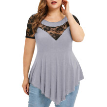 lulshou Hauts à manches courtes pour femmes grandes tailles, chemisier asymétrique à col rond et dentelle florale unie, taille M