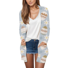 Oster-Cardigan für Damen, offener, leichter Freizeit-Cardigan mit Osterhasen-Print und Tasche