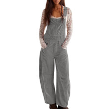 Macacão feminino Lulshou em veludo cotelê, modelo pantalona com bolsos, cinza, tamanho G – Compatível com numeração americana.