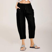 Calças leves de verão femininas, casuais, em algodão e linho, cropped, com cintura elástica e cordão, pernas largas, estilo capri. Em promoção.