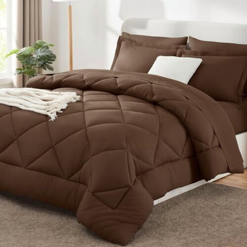 Σετ παπλωμάτων Queen-Size Brown – Κρεβάτι 7 τεμαχίων σε τσάντα, Πολυτελές μαλακό σετ για