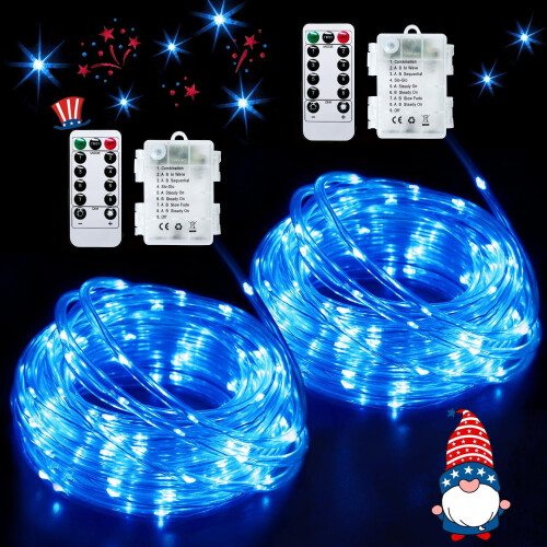 2 φώτα μπαταρίας με σχοινί, 200LED66ft, 8 λειτουργίες/τηλεχειριστήριο, αδιάβροχα, μπλε