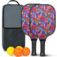 Pickleball-padler sæt med blomsterdekorerede glasfiberpadler, 2 bolde og taske – kompatibel med indendørs/udendørs leg
