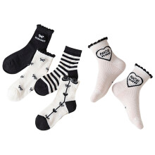 Girls Boys Sock Cartoon Bowknot Letter Love Heart Printed Cotton Lettuce Frilly Socks Ankle Socks Baby Trendy Birthday Sock,Black,3-5 Years