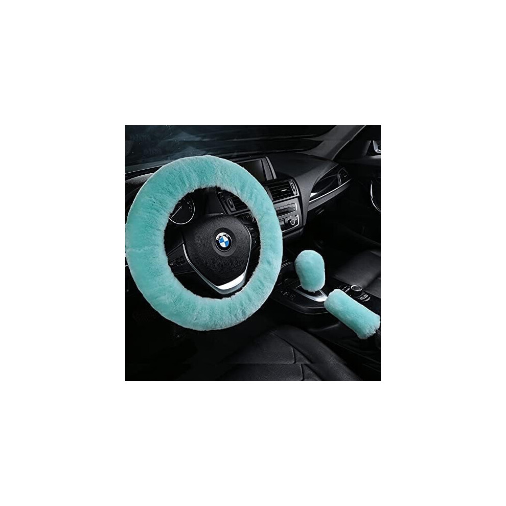 3Pcs Pure Wool Fur Steering Wheel, Handbrake & Gear Shift Cover Set Â Soft Fluffy Sheepskin For Women, Suv/Truck, Light/Green 9181073251849