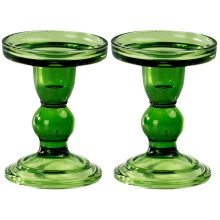 2 candelabros retro de cristal verde oscuro con diseño en espiral.