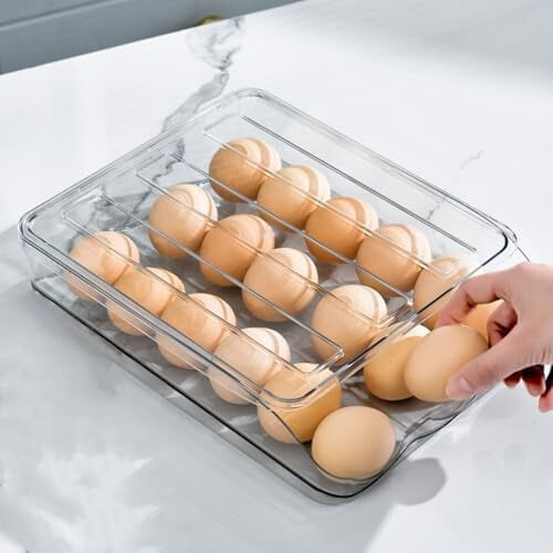 Clear PET Egg Holder for Fridge – 18-Egg Rolling Organizer