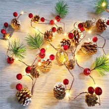 Pinecone Red Berry Bell Christmas String Lights, Battery Operated Fairy Lights Garland for Indoor/Outdoor Holiday Decor