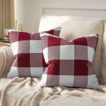 Lot de 2 housses de coussin décoratives à carreaux style ferme, en coton et lin, 45 x 45 cm (18 x 18 pouces), idéales pour la décoration