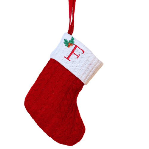 Initial Christmas Stocking – Red & White Knit, 7.9 in