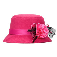 Damenhut in Rosenrot, Vintage-Damenhut aus Wolle, einfarbig, mit Blumenmuster, breite Krempe, warm, Glockenhut-Stil