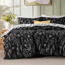 Set de cuvertură King, model floral botanic negru, 3 piese
