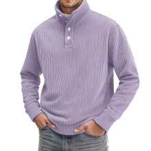 Sweat-shirt homme en velours côtelé à manches longues, couleur unie, style décontracté avec boutons, automne-hiver