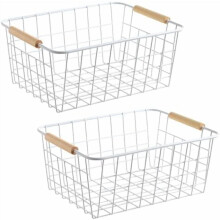 White Wire Baskets with Wooden Handles – Set of 2, Compatible with Pantry, Cabinets, Closets & Bedrooms