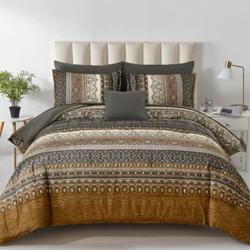 Boho Comforter Set Brown Black 8-Piece Microfiber