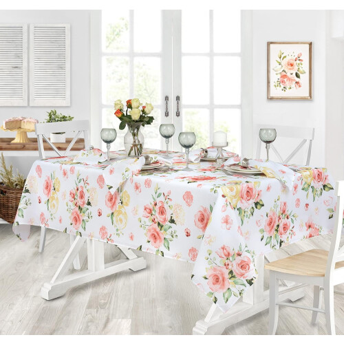 Toalha de mesa retangular de tecido Newbridge Marie Pink Rose Garden, 152 x 259 cm (60 x 102 polegadas), ideal para jantares e festas.