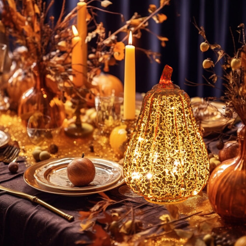 Glass Pumpkin LED Night Light with Timer – Gold, 5.5in