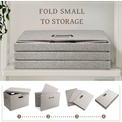 Conjunto de 3 caixas organizadoras dobráveis e empilháveis grandes de 17 polegadas (43 cm) e 36 litros (36 QT) com tampas, em tecido de linho 2