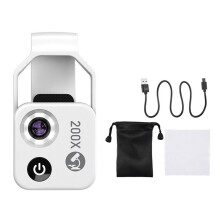 200X Magnification Microscope Lens Mobile LED Light Micro-Type Pocket Macro Lens for Ios Android All Smartphones,White
