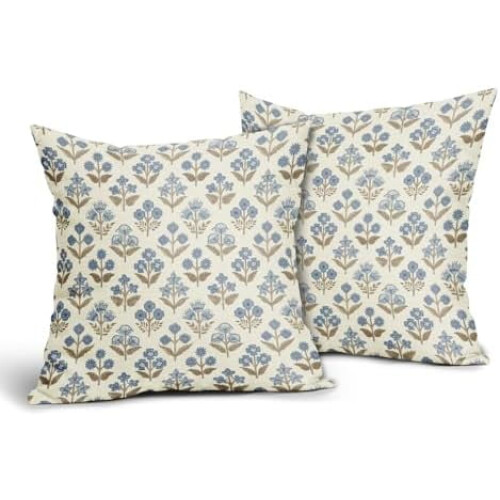 Kussensloop met blauw-groene blokprint, 18x18 inch, polyester 1