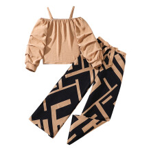 Girl's 2 Piece Outfits Kids Fashion Long Sleeve Cold Shoulder Tops Elastic Waist Pants Set Summer Shorts Sets 8-13Years(Khaki,8-9 Years)