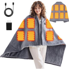 Portable USB Heated Electric Blanket – Cordless Wearable Shawl with 3 Heat Levels, for Travel, Camping, Bed – Winter Gift for Women, Grey (Battery