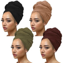Conjunto de 4 peças de lenço de cabeça extra longo em malha elástica de cor sólida, estilo africano, respirável, para mulheres negras.