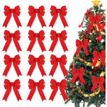 Conjunto de 12 Laços de Natal em Veludo Vermelho com Borda Dourada Brilhante – para Árvore, Guirlanda, Cerca, Escadas, Lareira, Uso