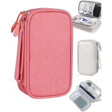 Pink Travel Cable Organizer Pouch Double-Zipper Dual-Layer