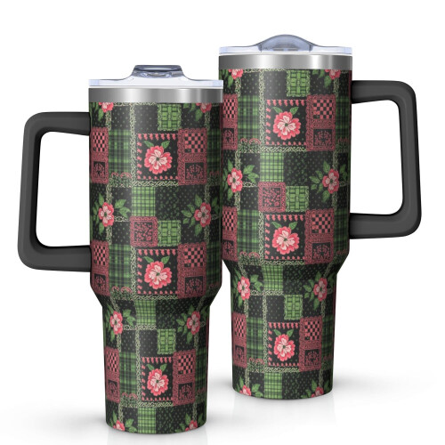 Ποτήρι Pioneer με 40oz, μονωμένο με λαβή και σχέδιο λουλουδιών, καπάκι και καλαμάκια