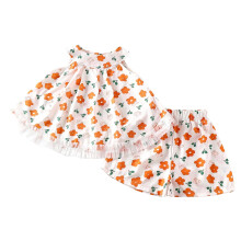 Tøj til småbørn til piger, babytøj, sødt tøj til piger, sommertøj, børneshorts med blomsterprint, hawaiiansk tøjsæt til piger, orange, 3-4