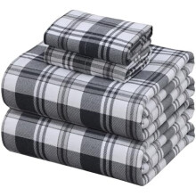 Ensemble de draps en flanelle pour lit queen – Coton doux doublement brossé, poches profondes (jusqu'à 40 cm), 4 pièces, motif à carreaux gris
