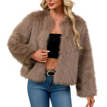 Casaco feminino de pele sintética, jaqueta de inverno macia e quente de luxo com gola redonda, manga comprida, cor sólida, agasalho casual para