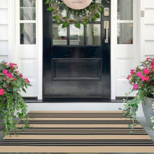 Black and Beige Striped Cotton Doormat 2.3 ft x 3.6 ft