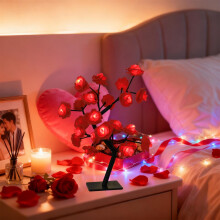Luminária de LED em formato de árvore de rosas com 24 lâmpadas brancas quentes, alimentada por USB, luz noturna romântica para decoração de