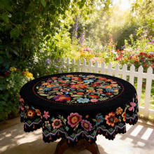 Mexican Folk Art Tablecloth, Round Black, 152 cm